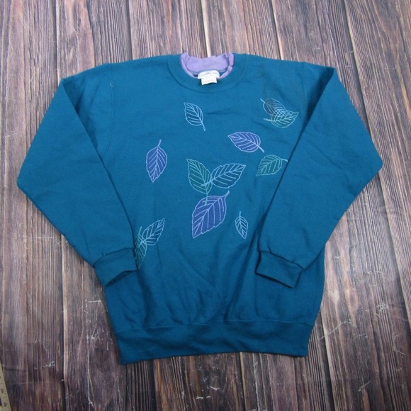 morning sun Sweaters - Vintage 90s‎ Morning Sun Sweatshirt Womens Small Blue Leaf Crewneck Granny Core